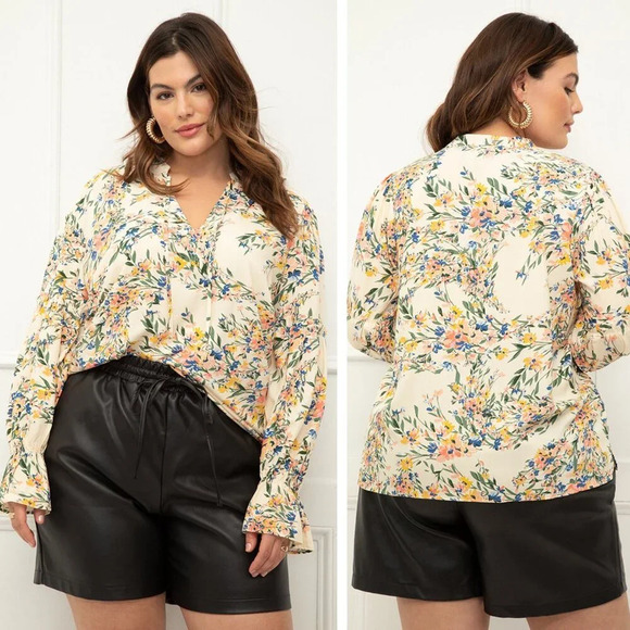 New! Eloquii Cream with Orange Green Floral Print Tie Neck Blouse - 22474 - Picture 1 of 13